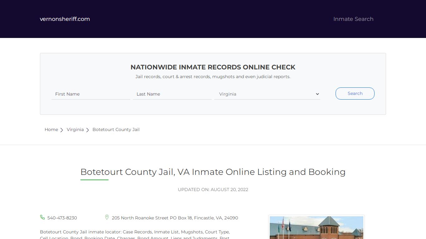 Botetourt County Jail, VA Inmate Online Listing and Booking
